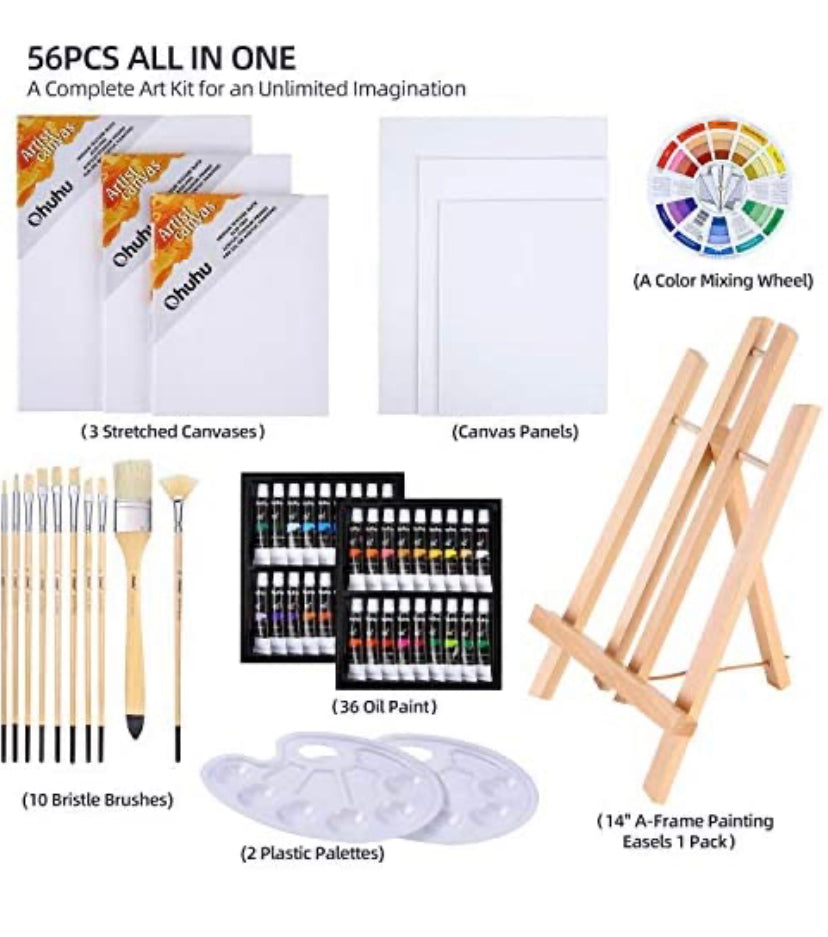 Oil Painting Set, Ohuhu 56pcs Artist Painting Set with Table Top Easel, Bristle Art Painting Brushes, Oil Paints Tubes, Canvas, Canvas Panels, Paint Palette, Art Supplies for Artist Students School