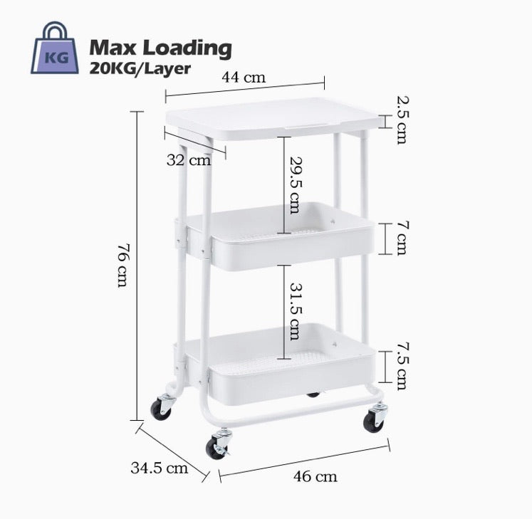 3-Tier Serving Storage Trolley with Table Top