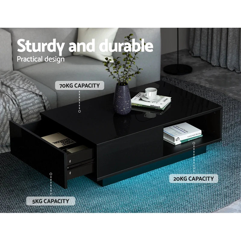 Modern Furniture High-Gloss LED Light with 2 Storage Spaces Drawer Rectangular Living Room Coffee Table