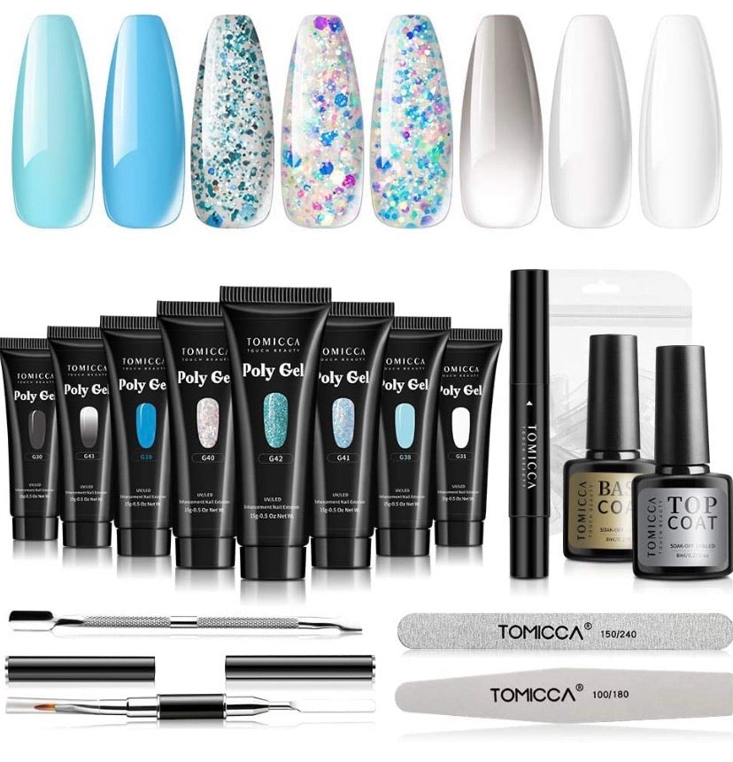 Poly UV Gel Nail Kit Nail Extension UV Builder Gel 8 Colours with Base Coat Top Coat, Slip Solution Pen (002)