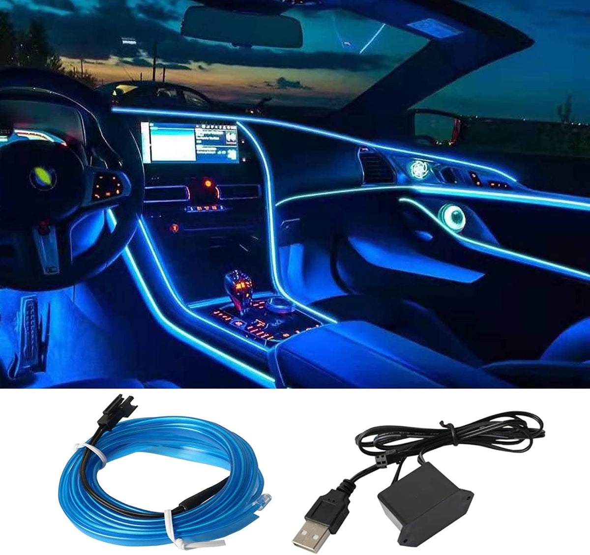 EL Wire Interior Car LED Strip Lights, USB Neon Glowing Strobing Electroluminescent Wire Lights, Ambient Lighting Kits for Car, Garden, Decorations, 5M (Blue)