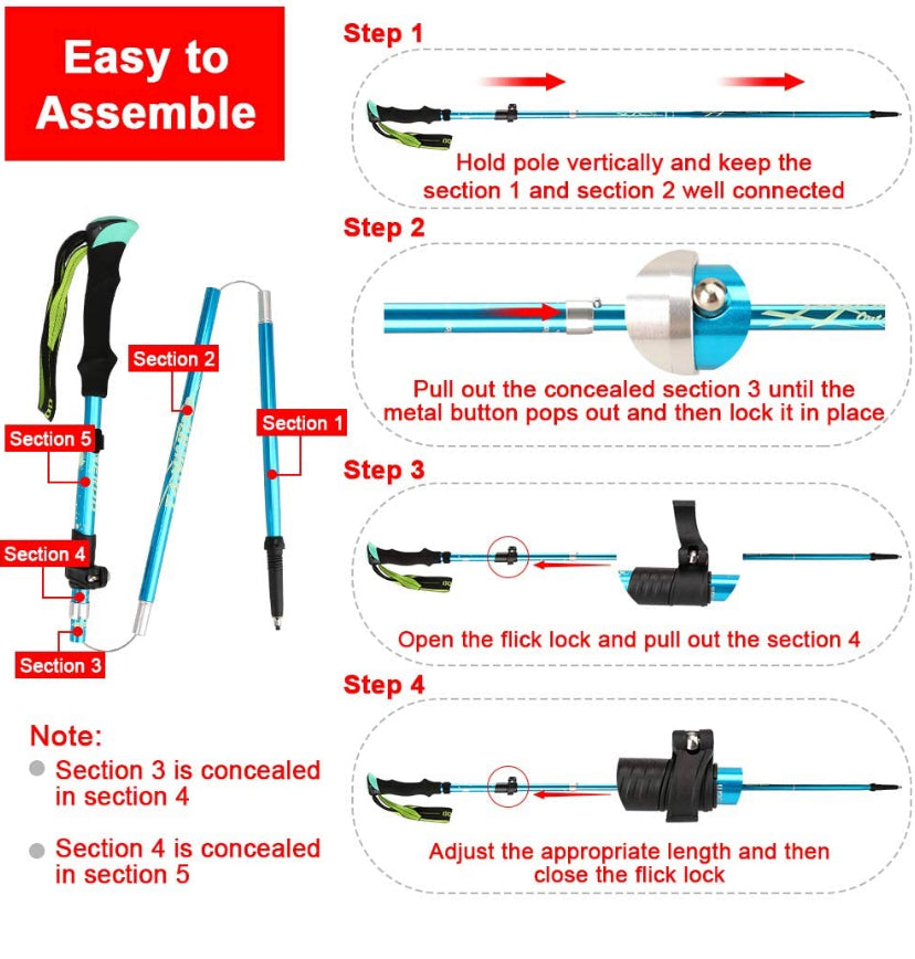 Nordic Walking Trekking Poles with Quick Lock System, Folding, Collapsible, Ultralight for Hiking, Camping, Mountaining, Walking, Trekking