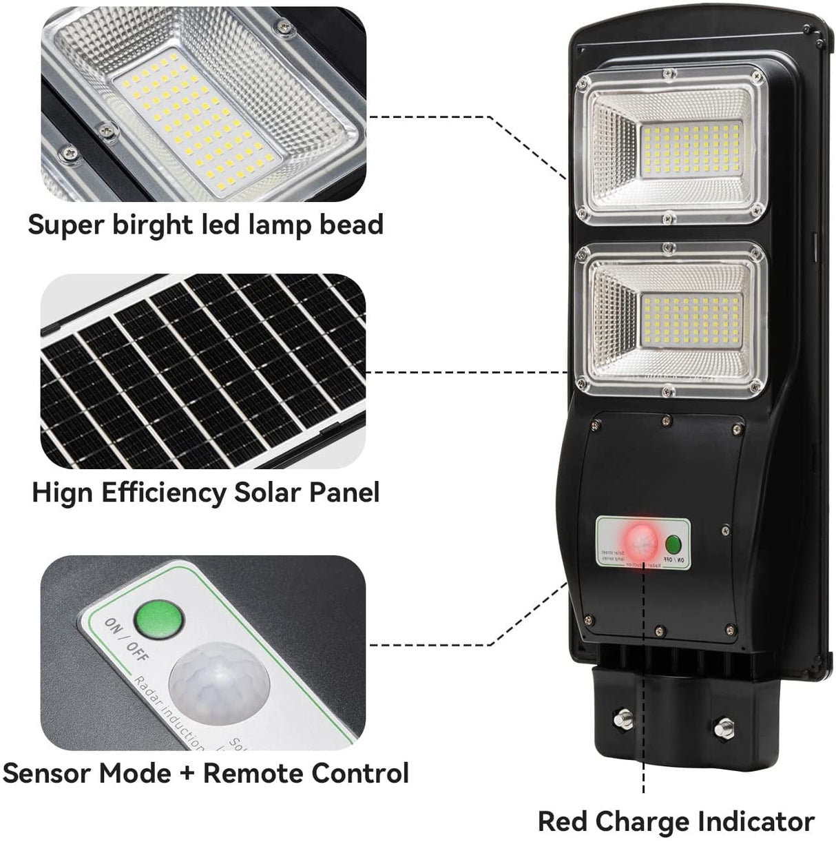 60W Solar Street High Brightness Light 6000 Lumens,120 LED with Light Control, PIR Motion Sensor, Dusk to Dawn Security Led Flood Light