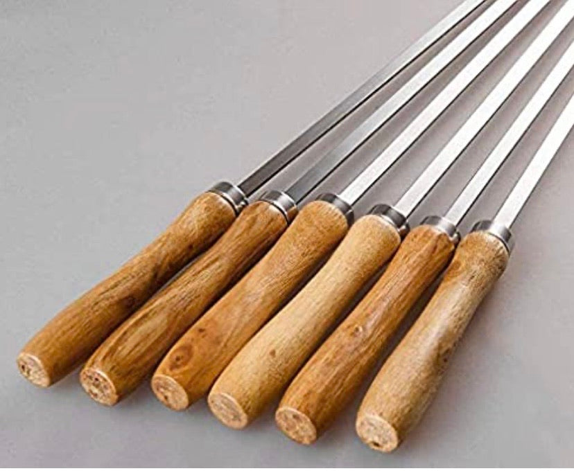 17” Flat Blade Barbecue Shish Kebab Skewers Stainless Steel with Wooden Handle, Set of 6