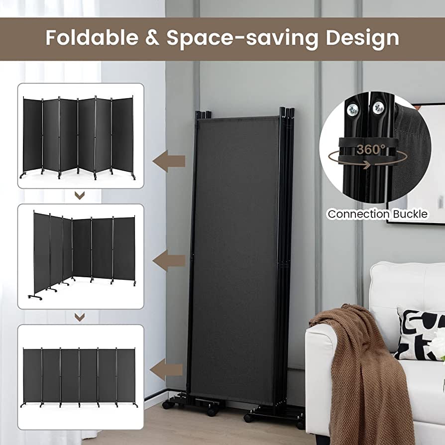 6-Panel Folding Room Divider, 1.72m Rolling Privacy Screen with Lockable Wheels, Portable Wall Divider and Separator, Freestanding Privacy Protection for Living Room, Bedroom, Office