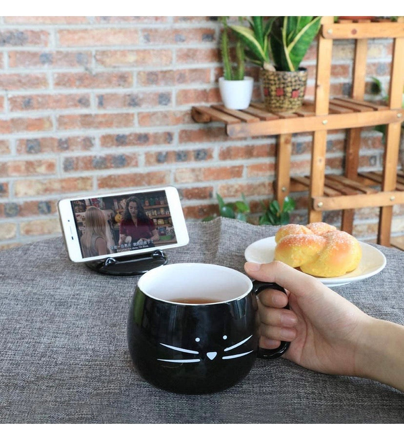 Cute Cat Coffee Mug with Cell Phone Holder Lid for Cat Lover Unique Ceramic Black Mugs Tea Cup Women