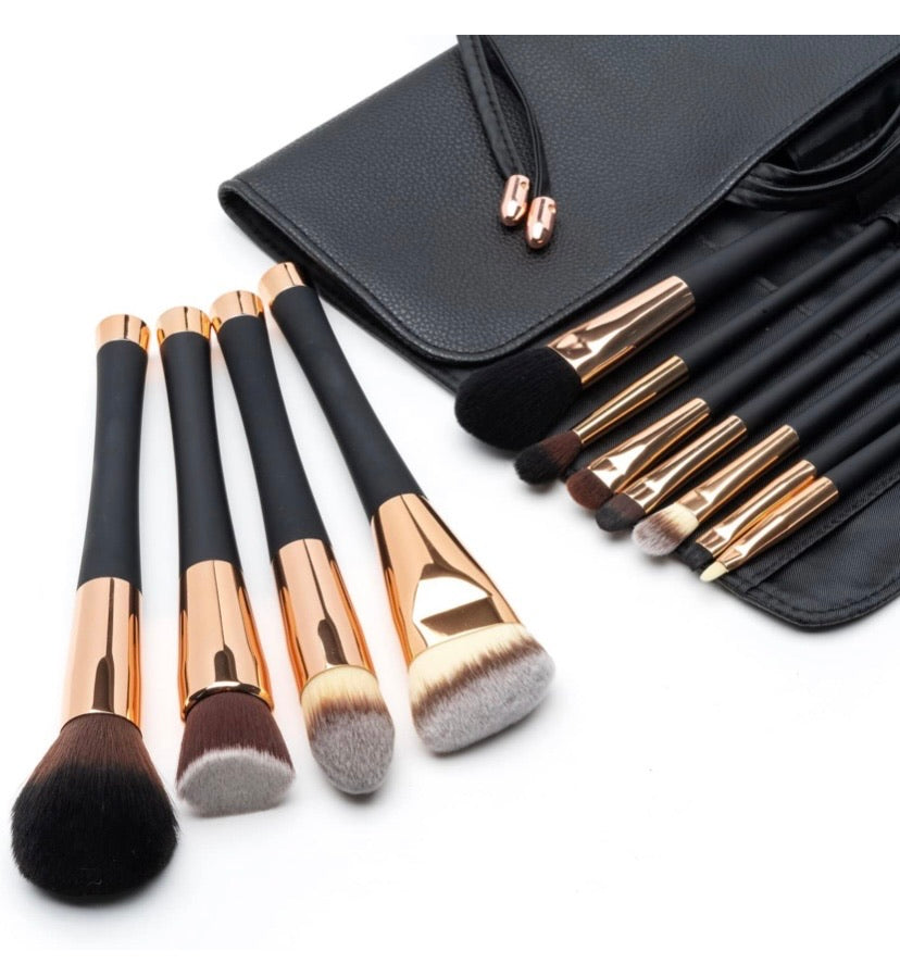 Professional Makeup Brush Collection, 12pcs Set High End Cosmetic Brush, Cruelty Free Synthetic Bristles for Foundation Blending Powder Blush Eye Shadow, Travel Leather Clutch, Rose Gold