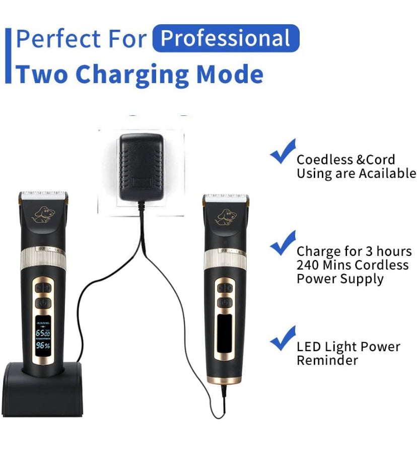 Professional Dog Grooming kit, 3 Speed Rechargeable Cordless Dog Clippers Low Noise Low Vibration, LED Screen Indicate Power/Lubricating/Cleaning