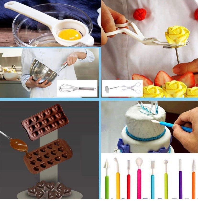 Cake Decorating Supplies Kit, Set of 216, Baking Pastry Tools, Cake Turntable, Cake Leveller, Numbered Icing Tips with Pattern Chart, Angled Spatula, 10 Christmas Piping nozzles-Baking Tools