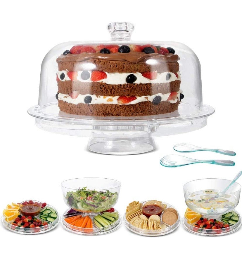 Cake Stand 6-in-1 Multifunctional Serving Platter with Domed Cover and 2Pcs Spoons - Use as Salad Bowl/Veggie Platter/Punch Bowl/Desert Platter/Nachos & Salsa Plate