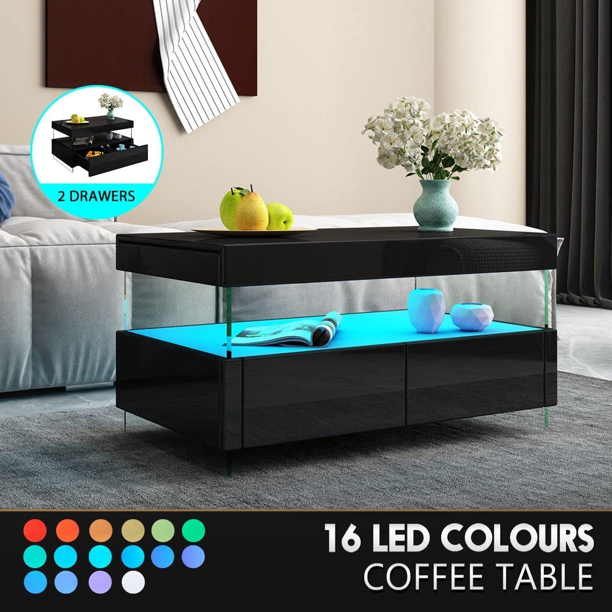 Luxsuite Coffee Table LED High Gloss Rectangle with 2 Drawers 16 LED Colours Living Room Storage Modern Furniture