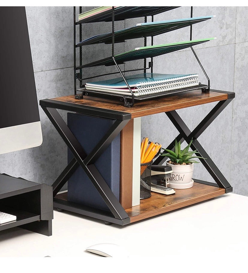 Desktop Printer Stand 2 Tiers Desk Organizer Storage Wood X-Shaped Book Shelf with Skid Pads for Home Office & School