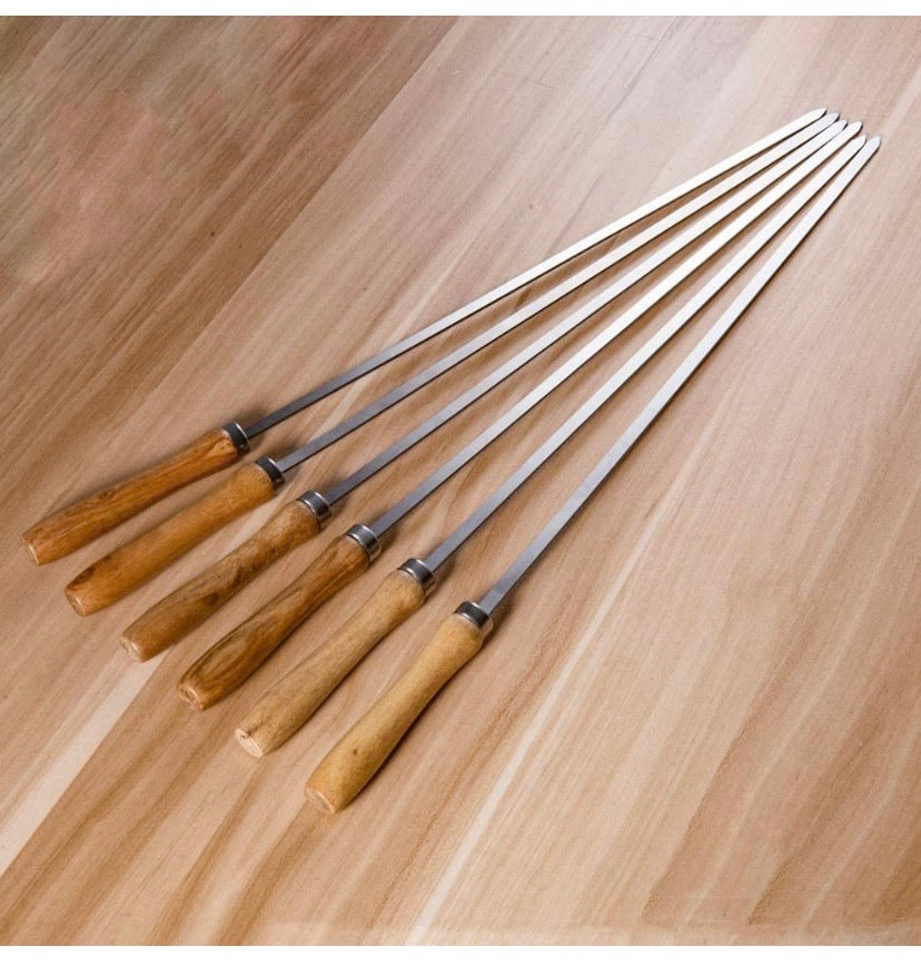 17” Flat Blade Barbecue Shish Kebab Skewers Stainless Steel with Wooden Handle, Set of 6
