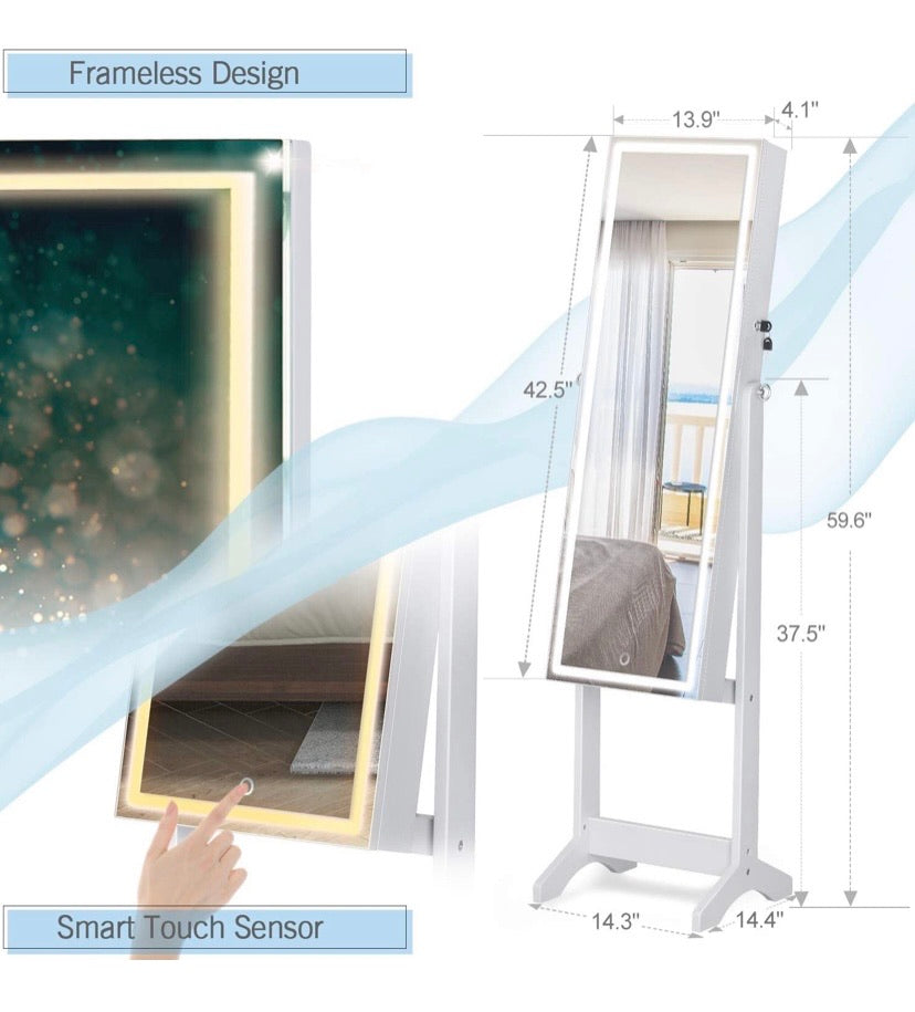 LED Light Jewellery Cabinet Standing full Screen Mirror Makeup Lockable Armoire, Large Cosmetic Storage Organizer w/Brush Holder white
