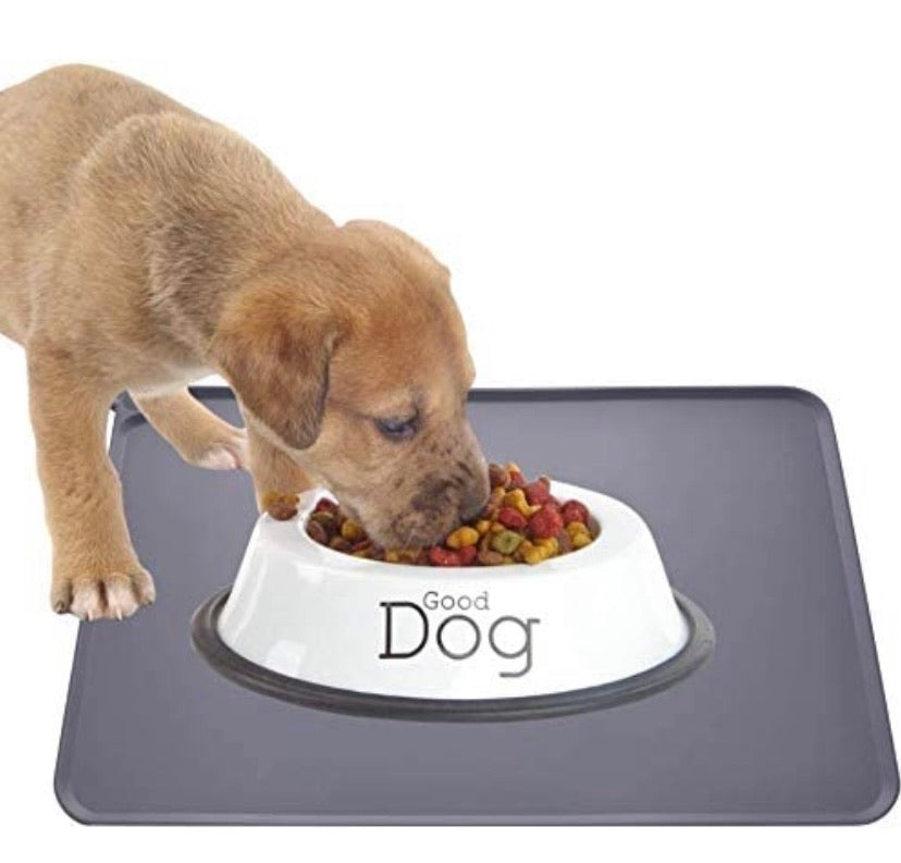 Silicone Waterproof Dog Cat Pet Food Mats Tray - Non-Slip Food Grade Pet Dog Cat Bowl Mats Placemat Pet Feeding Mat Waterproof Dog Placemat for Small Animals (L(18.7" x 11.8"), Grey)