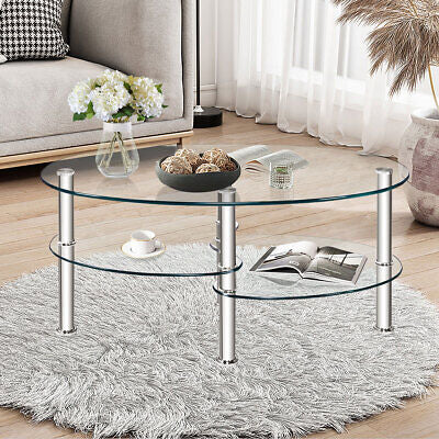 Oval Coffee Table 3-Tier Tempered Glass & Chrome Base Clear Living Room