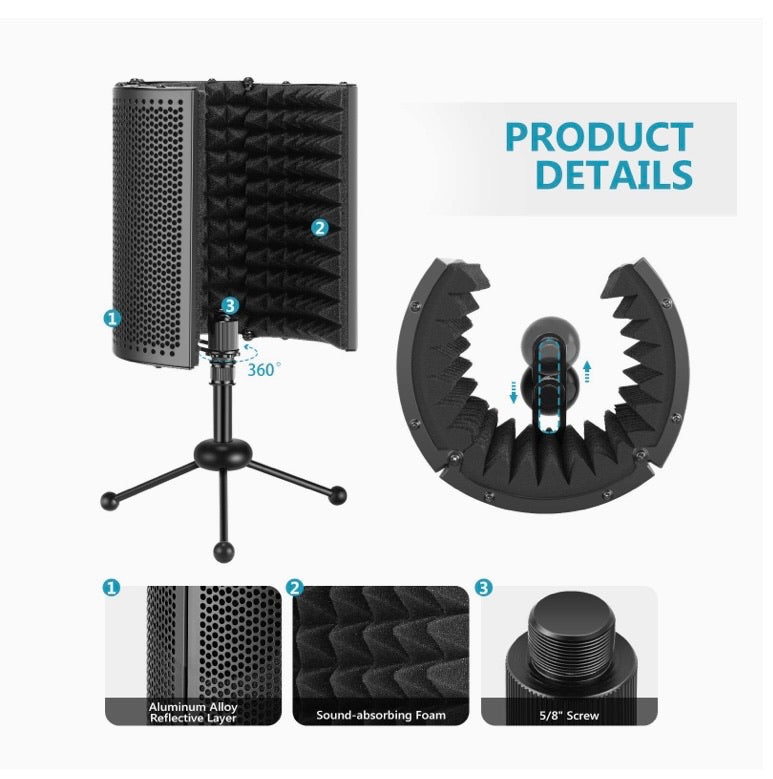 Foldable Compact Microphone Isolation Shield with Tripod Stand