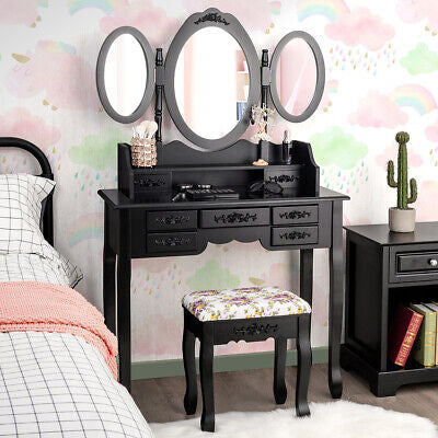 Dressing Table Set w/Makeup Desk & Stool Tri-Folding Vanity Mirror Drawers Black