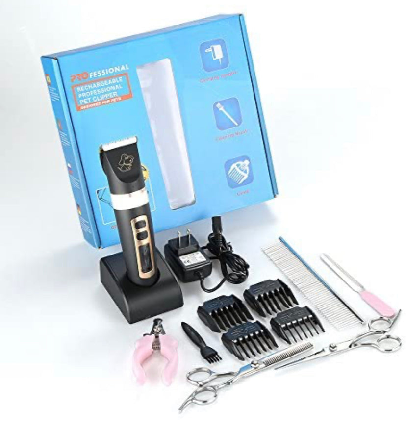 Professional Dog Grooming kit, 3 Speed Rechargeable Cordless Dog Clippers Low Noise Low Vibration, LED Screen Indicate Power/Lubricating/Cleaning