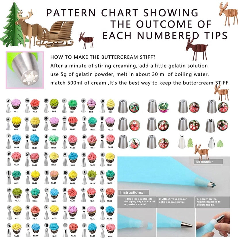 Cake Decorating Supplies Kit, Set of 216, Baking Pastry Tools, Cake Turntable, Cake Leveller, Numbered Icing Tips with Pattern Chart, Angled Spatula, 10 Christmas Piping nozzles-Baking Tools