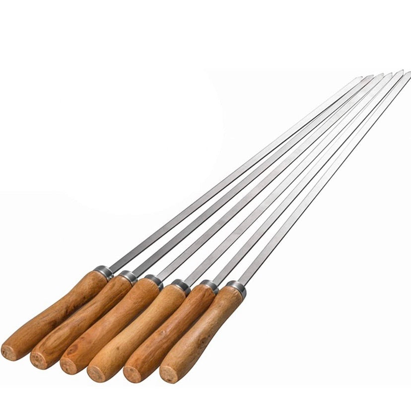 17” Flat Blade Barbecue Shish Kebab Skewers Stainless Steel with Wooden Handle, Set of 6