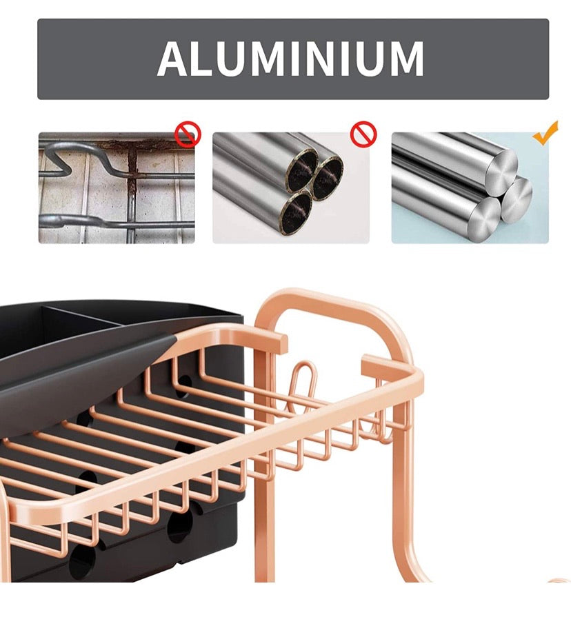 Dish Drying Rack, Aluminium Rust Proof Dish Rack and Drainboard Set with Removable Cutlery Holder and 360 Swivel Spout Drain Board for Kitchen Counter (Rose Gold, 2 Tier)