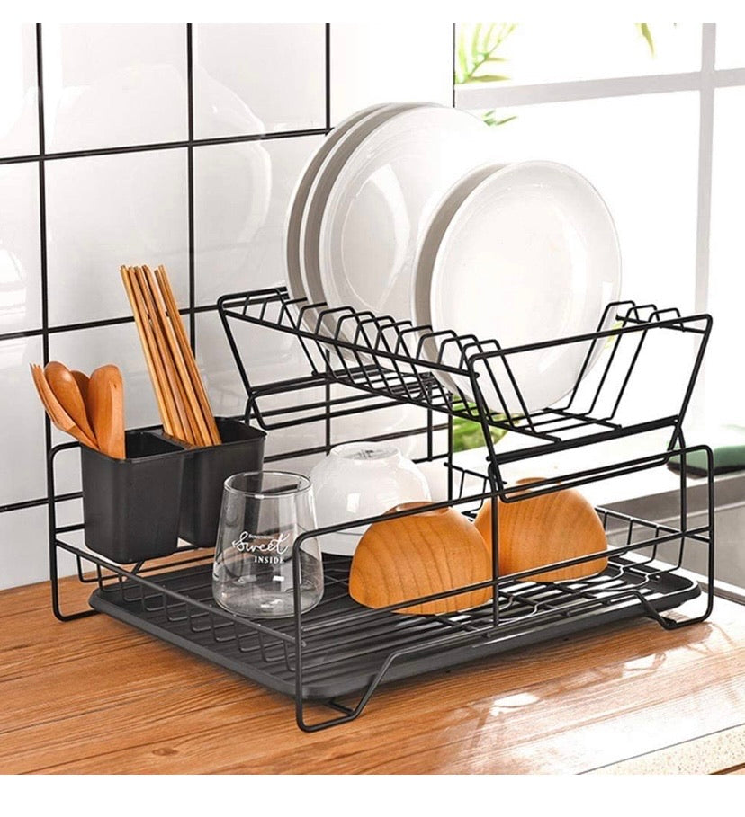 Dish Rack, Dish Drying Rack, 2 Tier Dish Rack with Utensil Holder, Cup Holder and Dish Drainer for Kitchen Counter Top (Black)