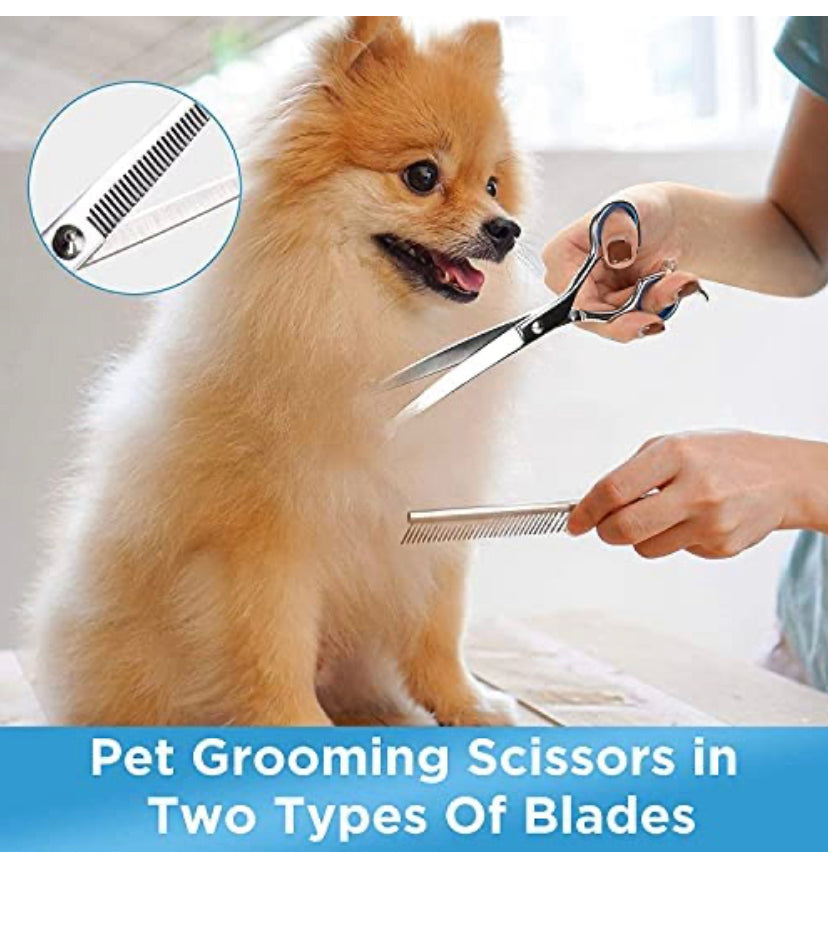 Dog Grooming Scissors Set, Safety Round Blunt Tip Grooming Tools, Professional Curved,Thinning,Straight Scissors with Comb,Grooming Shears for Dogs and Cats. (4 different size scissors)