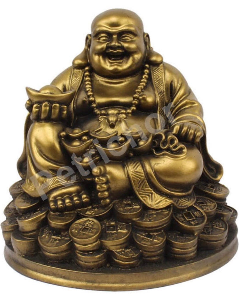 Laughing Buddha Sitting on Lucky Money Coins
