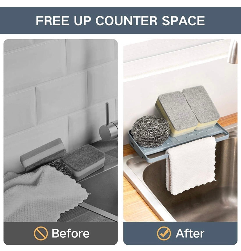 Kitchen Sink Tray Sponge Holder Organizer Draining Mat for Soap Dispenser Detergent Dishcloth Scrubbers Dishwashing Accessories Non-Slip Suction Holder Grey