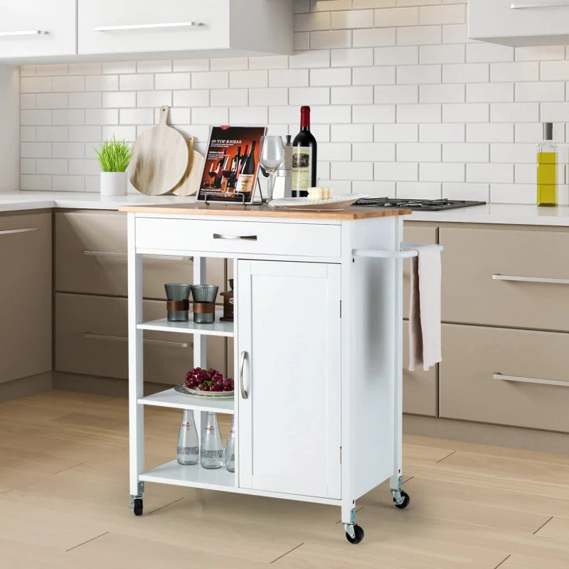 Kitchen Island Trolley Mobile Kitchen Storage Cabinet w/Rubber Wood Top & 3-Tier Open Shelf Serving Cart, White