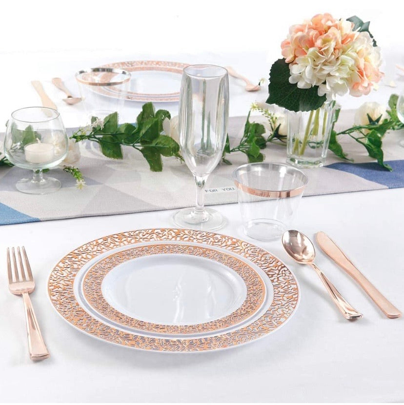 150pcs Rose Gold Plates, Rose Gold Plastic Silverware, Party Plates with Rose Gold Rim, Lace Plastic Plates, Plastic Flatware for Wedding, Enjoylife(Rose Gold 150) (Rose Gold)
