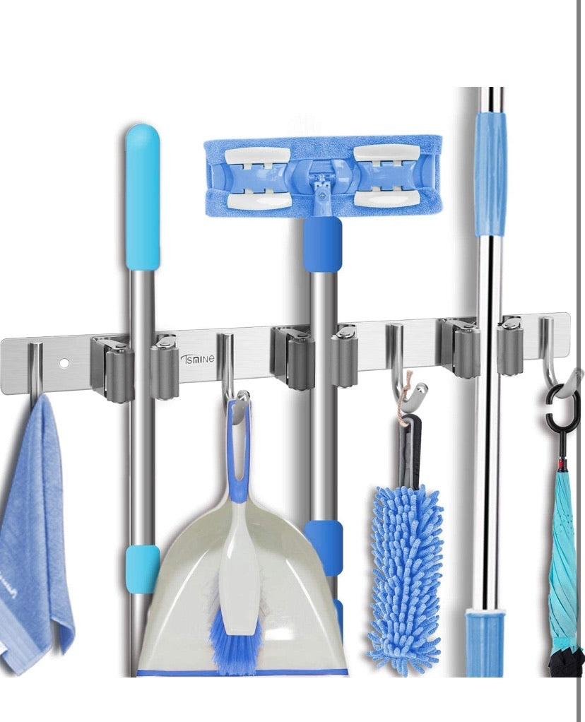 Broom Mop Holder Wall Mount - Tsmine Stainless Steel Wall Mounted Garden Tool Storage Tool Rack Storage & Organization for Your Home,Kitchen,Bathroom,Garage,Closet and Shed(3 Racks 4 Hooks)