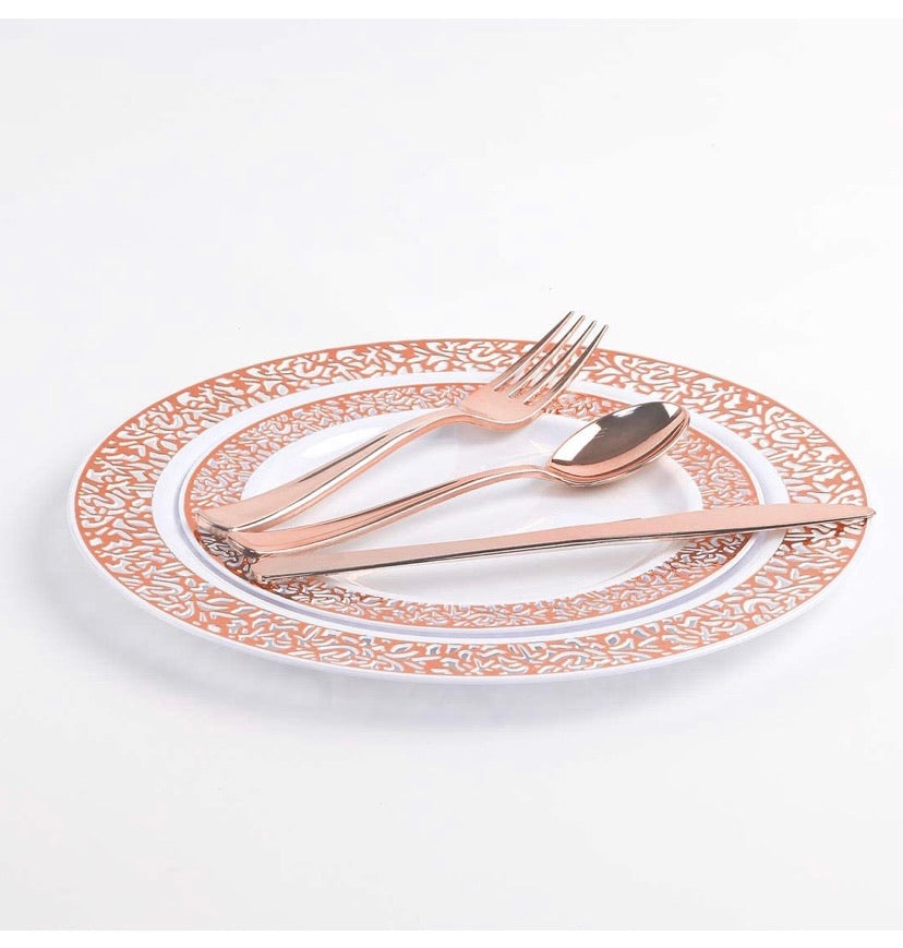 150pcs Rose Gold Plates, Rose Gold Plastic Silverware, Party Plates with Rose Gold Rim, Lace Plastic Plates, Plastic Flatware for Wedding, Enjoylife(Rose Gold 150) (Rose Gold)