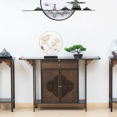 Bamboo Console Table Chinese Style Vintage Porch Table w/ Cabinet Hallway Table