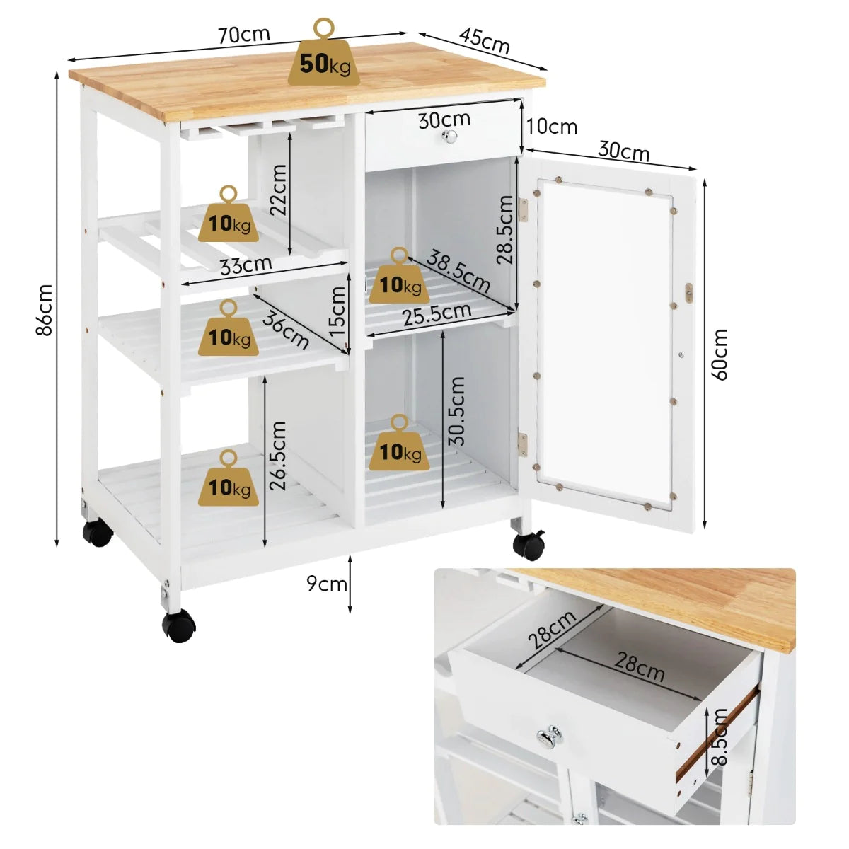 Mobile Kitchen Island Wood Top Trolley Cart Storage Cabinet w/Shelf & Wine Rack