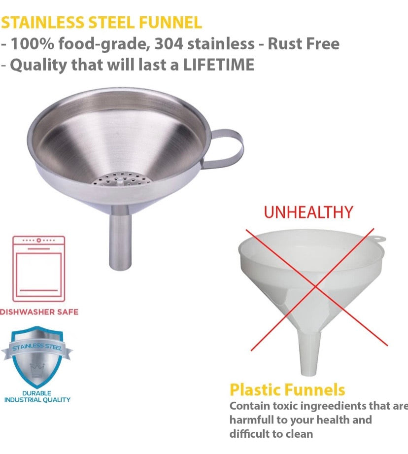 Funnels For Kitchen | 3pc Stainless Steel Kitchen Funnel Set Plus Detachable Strainer | Great for Transferring of Liquid and Dry Ingredients | Durable and Dishwasher Safe | Premium 304 Stainless Steel - Thick and Strong - Will Not Rust