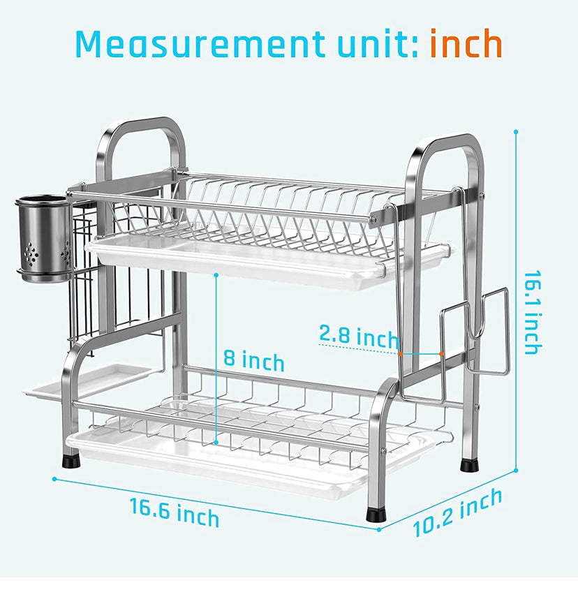 Dish Drying Rack, Haundry Stainless Steel 2-Tier Dish Rack with Utensil Holder, Cutting Board Holder and Dish Drainer for Kitchen Counter, Silver/ black