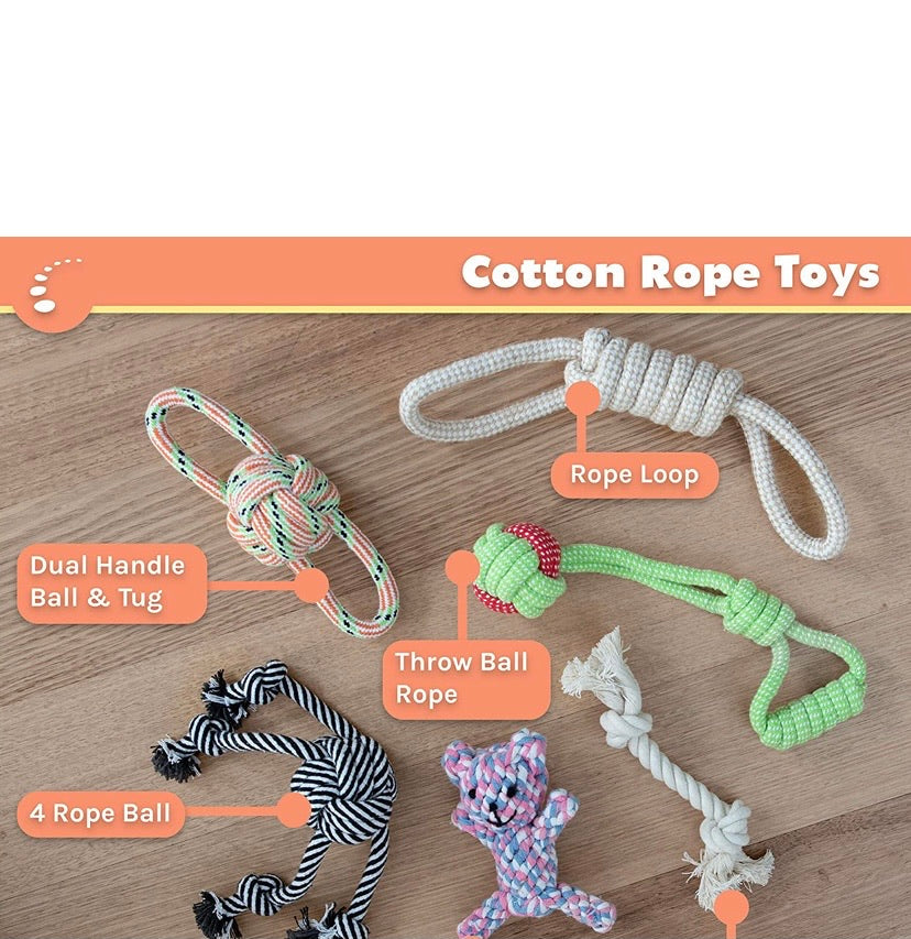 Puppy Dog Toys Gift Box - Pet Interactive Dog Rope Toy Starter Set - Tug Cotton Fetch Ball Rubber Training Puppies Play Grooming Glove Portable Travel Bowl