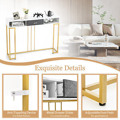 Console Table 2-Tier Sofa Side Hallway Table w/ Drawer & Faux Marble Top