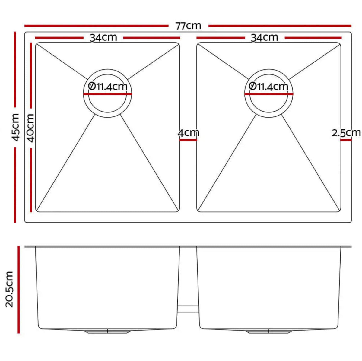 770 × 450 mm Stainless-Steel Double-Bowl Sink