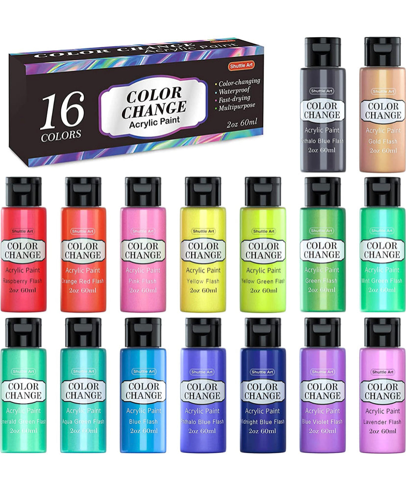Acrylic Paint Set, Shuttle Art 16 Chameleon Colours Colour Change Acrylic Paints in Bottles (60ml/2oz), Non-Toxic for Artists, Beginners Kids on Rocks, Crafts, Canvas, Wood, Ceramic
