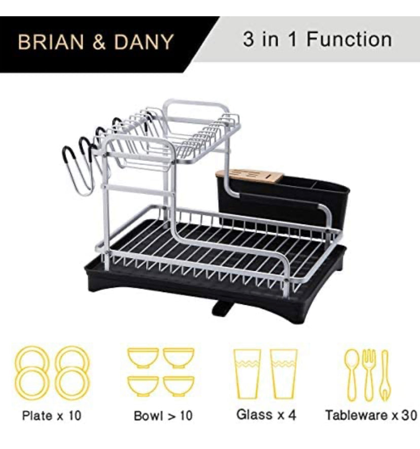 Aluminum Dish Drying Rack 2 Tire,Never Rust Dish Drainer with Removable Cutlery Holder & Cup Holder