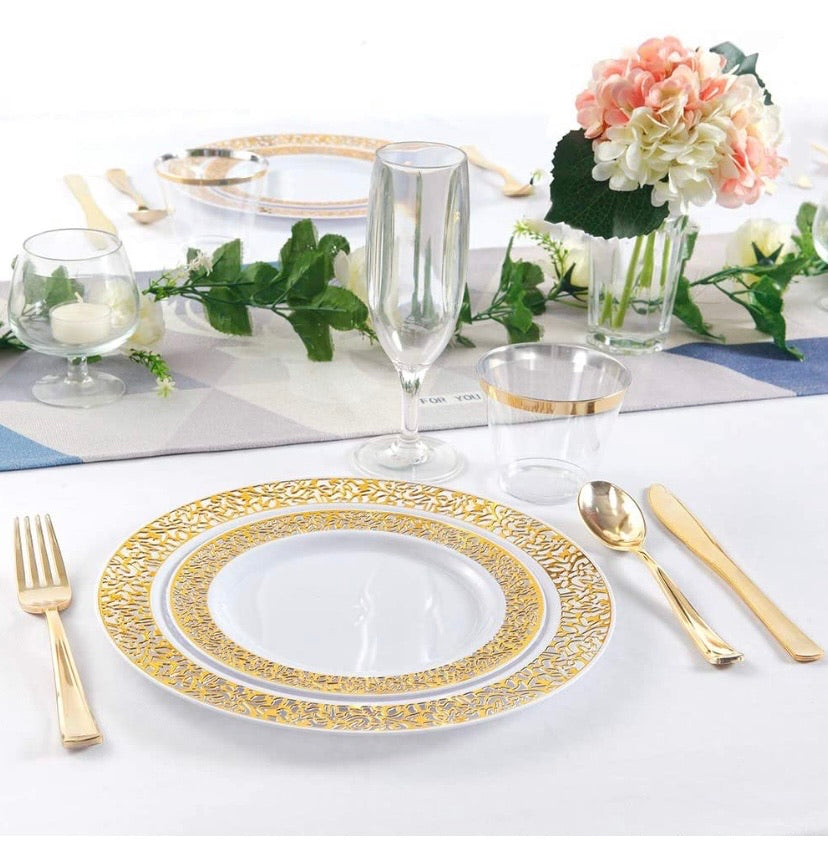 180pcs Plastic Gold Lace Plates, Durable Wedding Plates and Cutlery Set