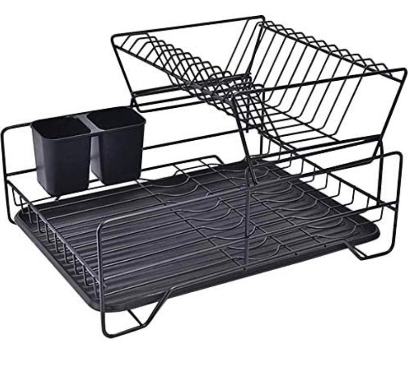 Dish Rack, Dish Drying Rack, 2 Tier Dish Rack with Utensil Holder, Cup Holder and Dish Drainer for Kitchen Counter Top (Black)