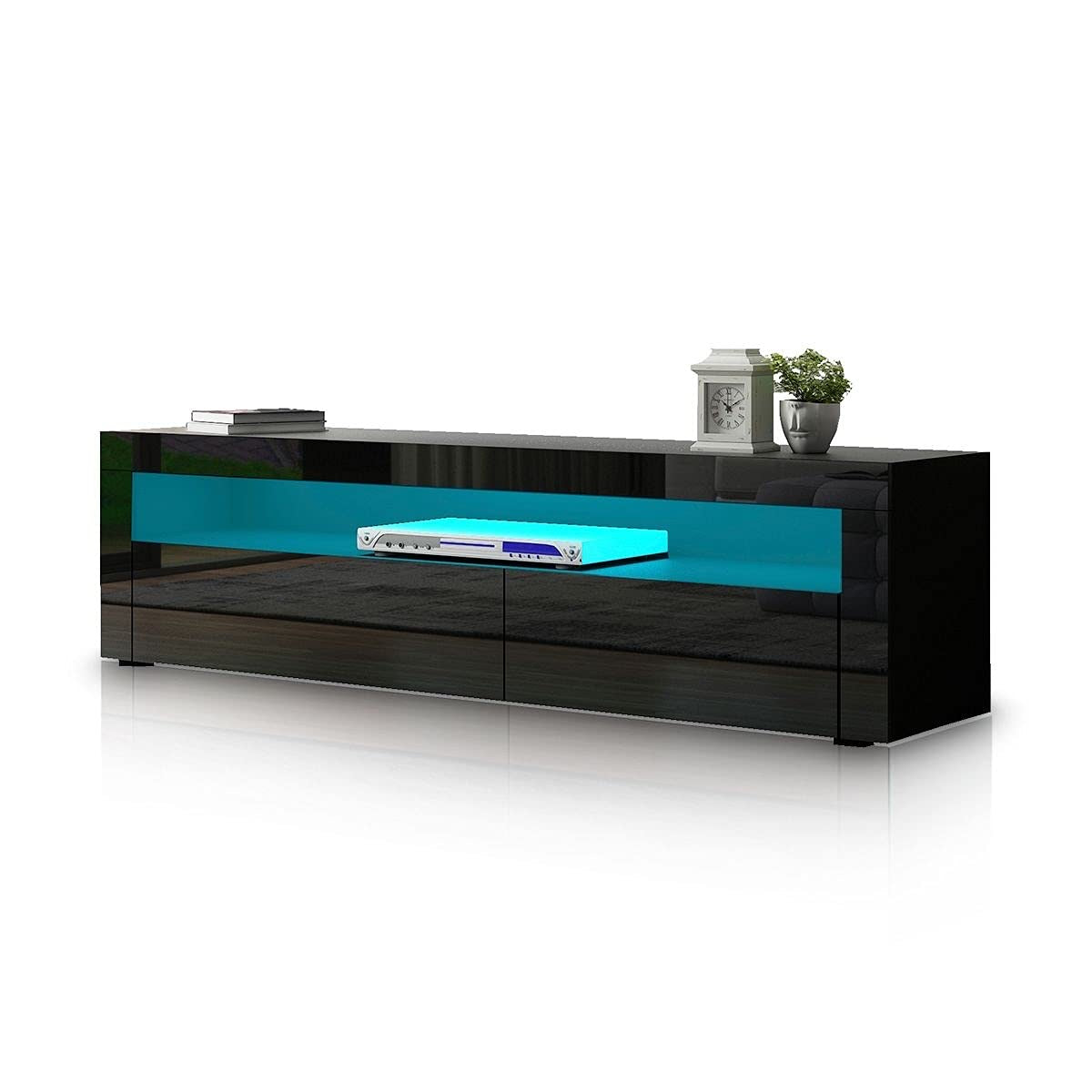 TV Cabinet Stand LED Light TV Entertainment Unit Wood Storage Shelf 2 Doors Black 155CM