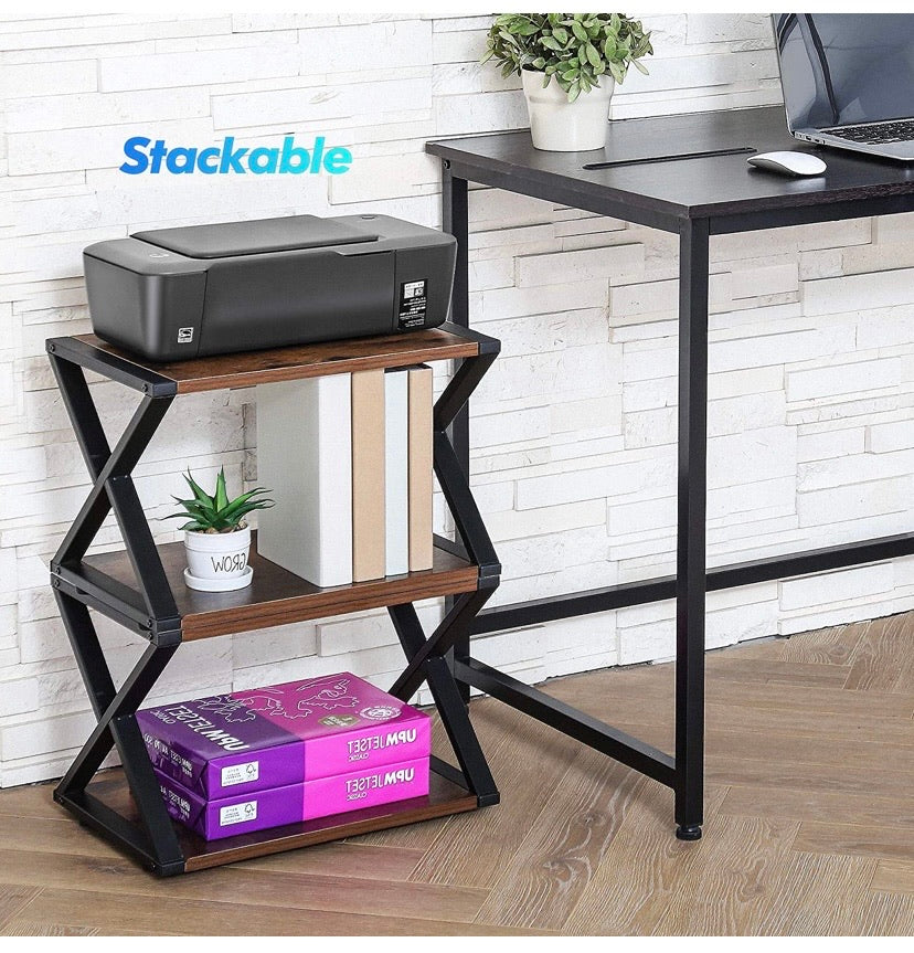 Desktop Printer Stand 2 Tiers Desk Organizer Storage Wood X-Shaped Book Shelf with Skid Pads for Home Office & School