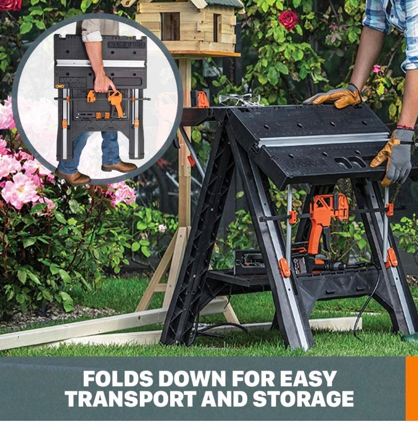 Multi-Function Work Table and Sawhorse with Quick Clamps and Pegs