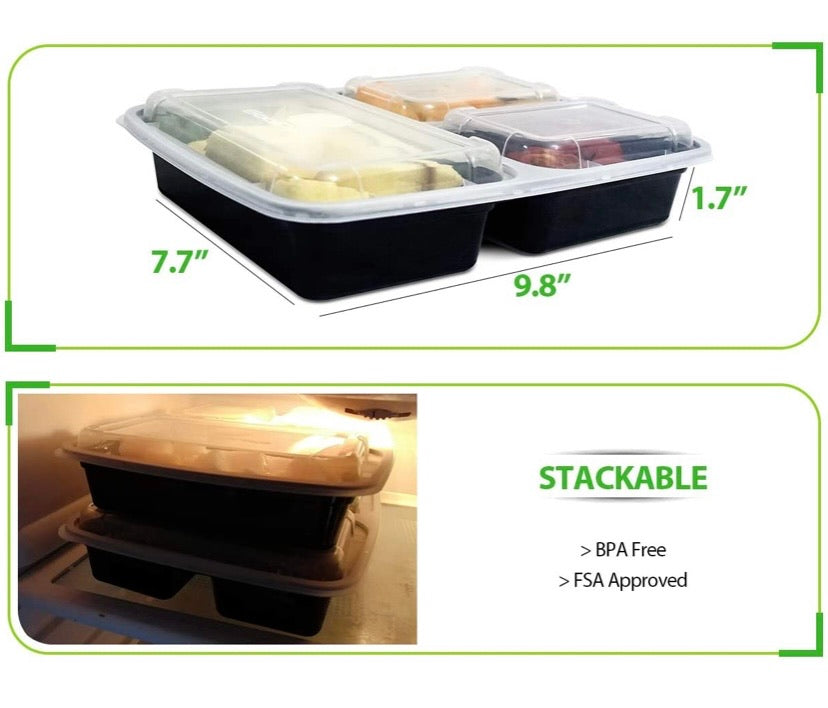 3 Compartment (10 Pack) Premium BPA Free Reusable Meal Prep Containers - Plastic Food Storage Trays with Airtight Lids - Microwavable, Freezer and Dishwasher Safe - Stackable Lunch Boxes