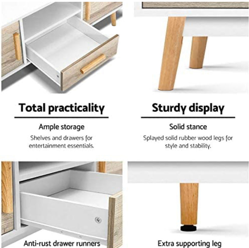 Artiss TV Unit 120cm Length Entertainment Unit Wooden TV Cabinet Scandinavian Console Table, White & Wood